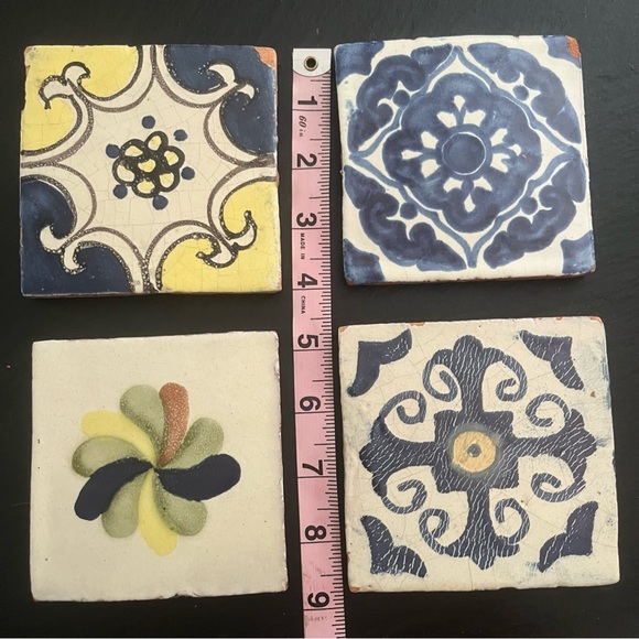 Mexican Hand Painted Terra-Cotta Talavera Vintage Tiles Set of 4 - Picture 9 of 15